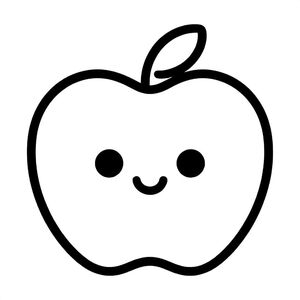 Cute cartoon apple for kids 3 to 6 years, bold black outlines, simple shapes, plain white background, easy to color, no text, fun and friendly style, centered