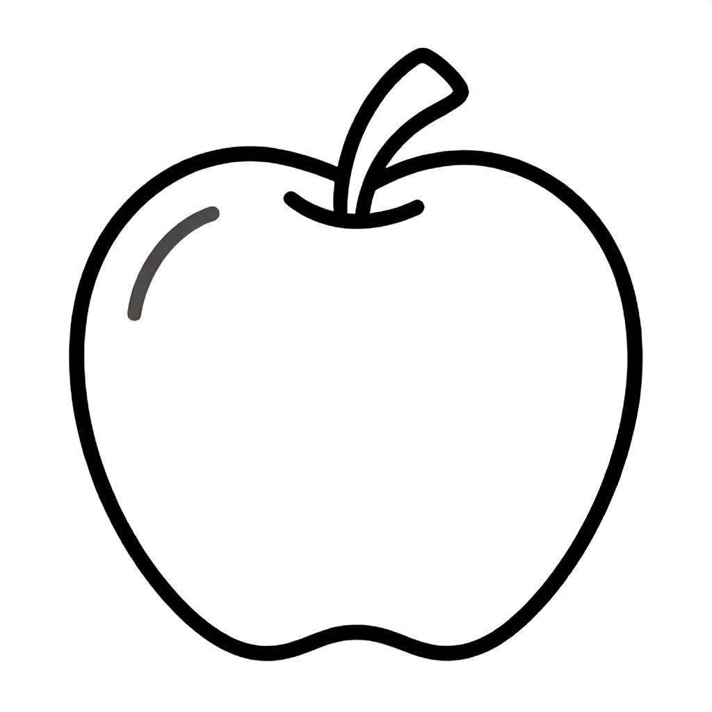 Realistic minimalist apple for kids aged 3 to 6 years, thick bold black outlines, simple large shapes, plain white background, centered on the page, easy to color, no text, no shading, kid-friendly illustration
