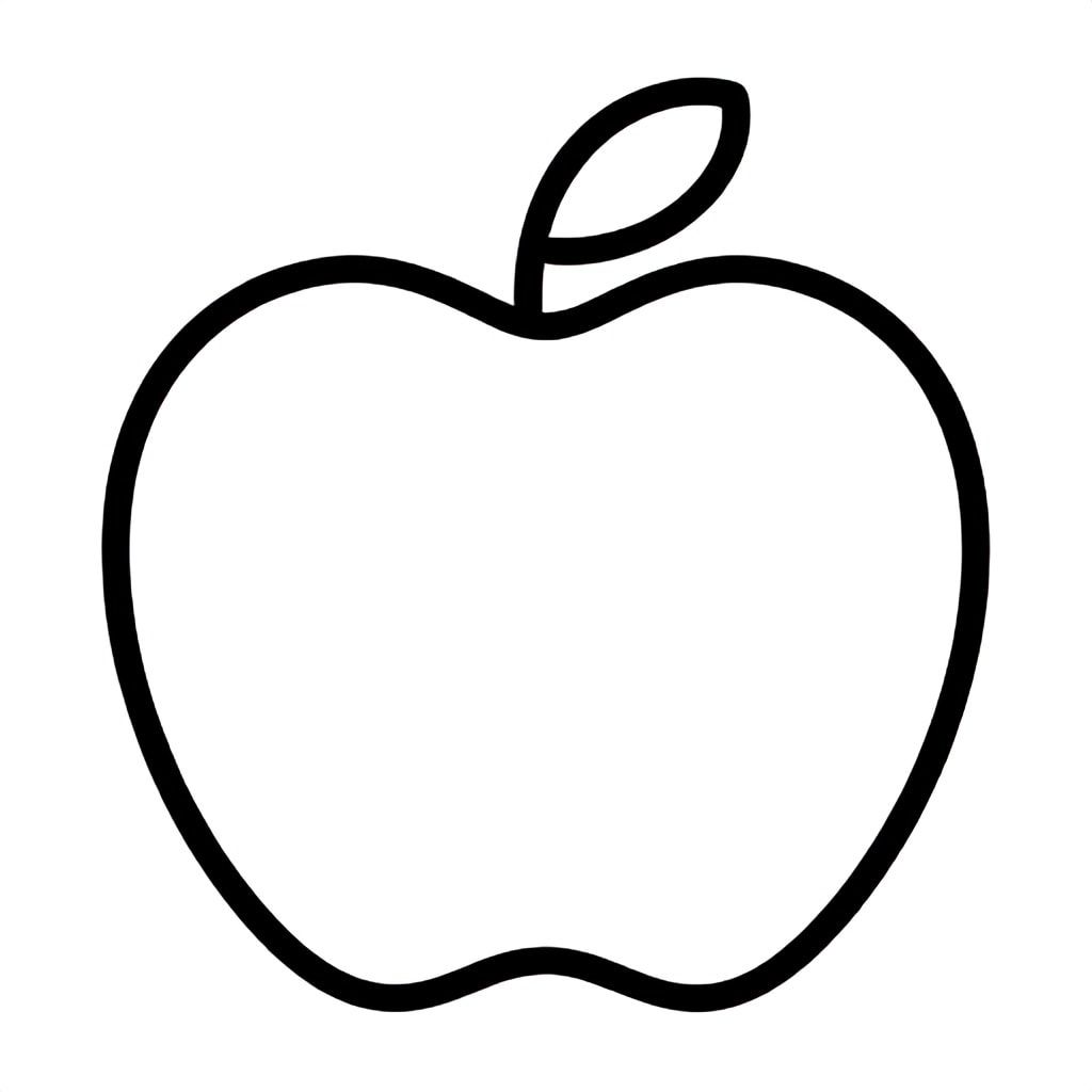 Simple stylized apple for kids aged 3 to 6 years, thick black outlines, large simple shapes, plain white background, centered on the page, easy to color, no text, no shading, kid-friendly illustration