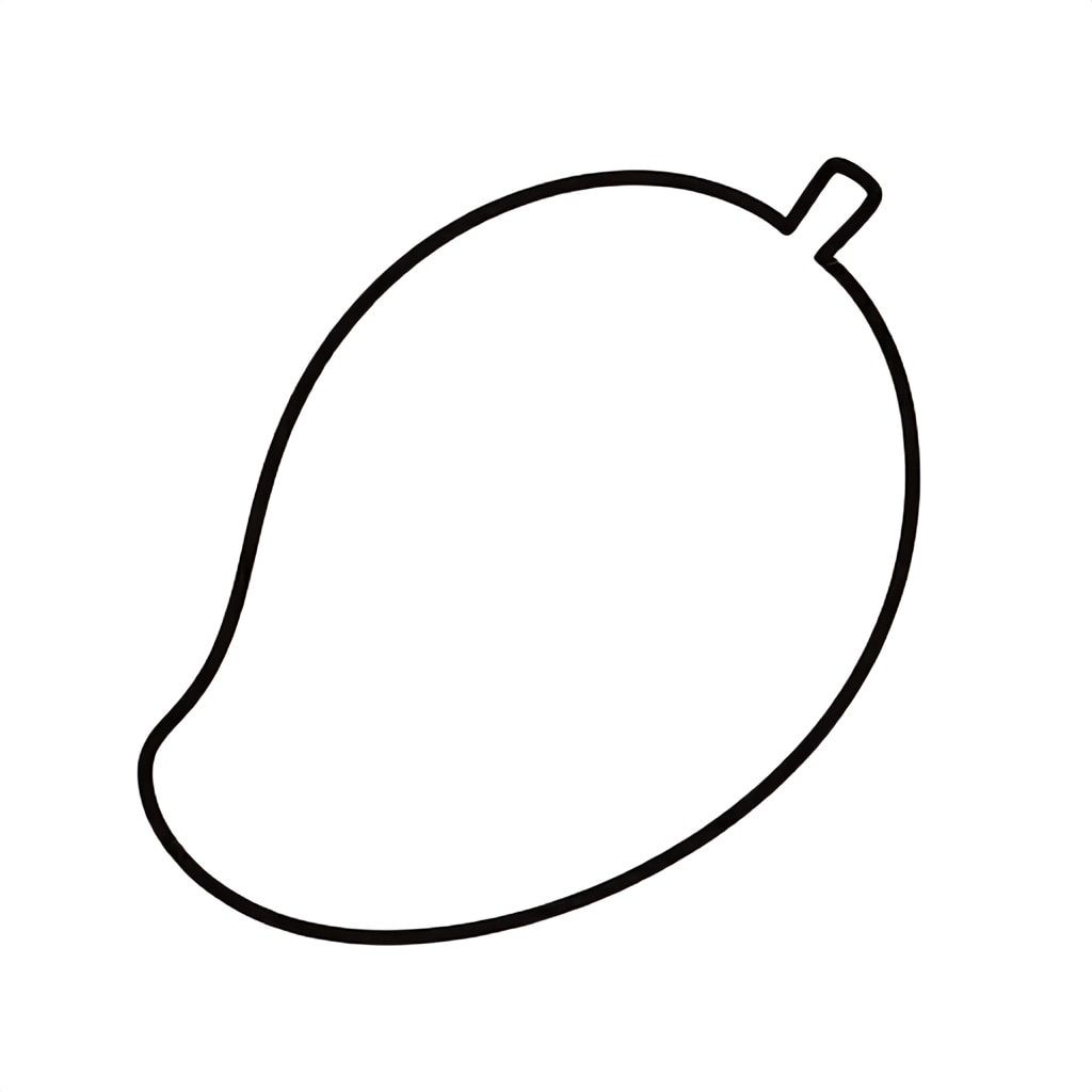 Realistic Minimalist Mango for kids aged 3 to 6 years, thick black outlines, simple large shapes, plain white background, easy to color, no text, centered, kid-friendly illustration