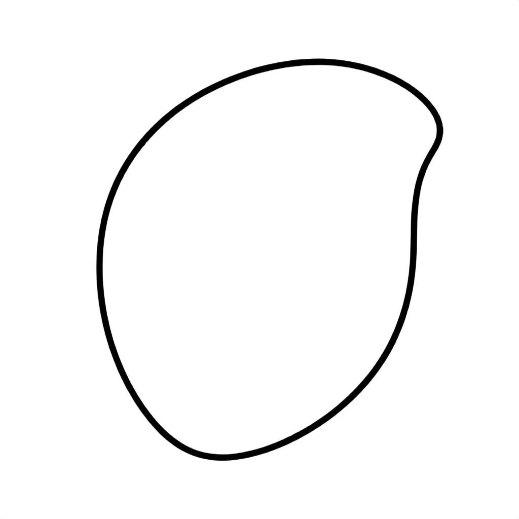 Simple stylized mango for kids aged 3 to 6 years, thick black outlines, large simple shapes, plain white background, centered on the page, easy to color, no text, no shading, kid-friendly illustration