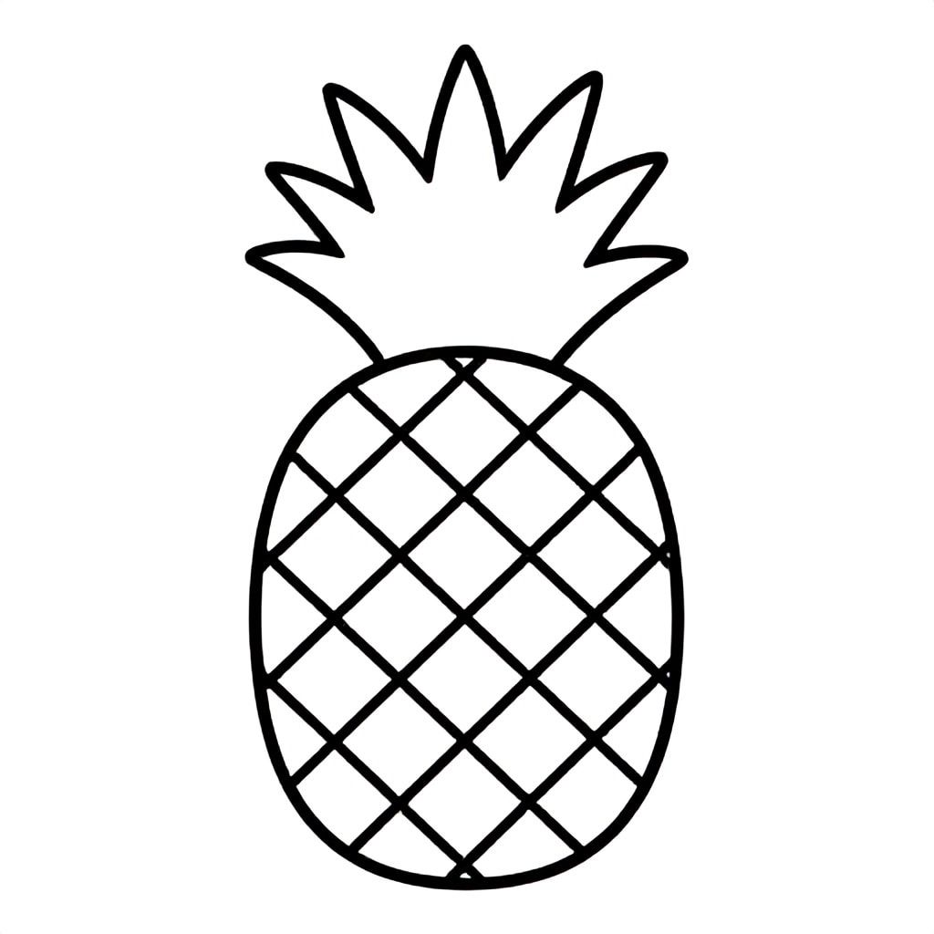 Realistic Minimalist Pineapple for kids aged 3 to 6 years, thick black outlines, simple large shapes, plain white background, easy to color, no text, centered, kid-friendly illustration