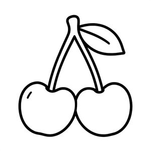 Realistic Minimalist Cherry for kids aged 3 to 6 years, thick black outlines, simple large shapes, plain white background, easy to color, no text, centered, kid-friendly illustration