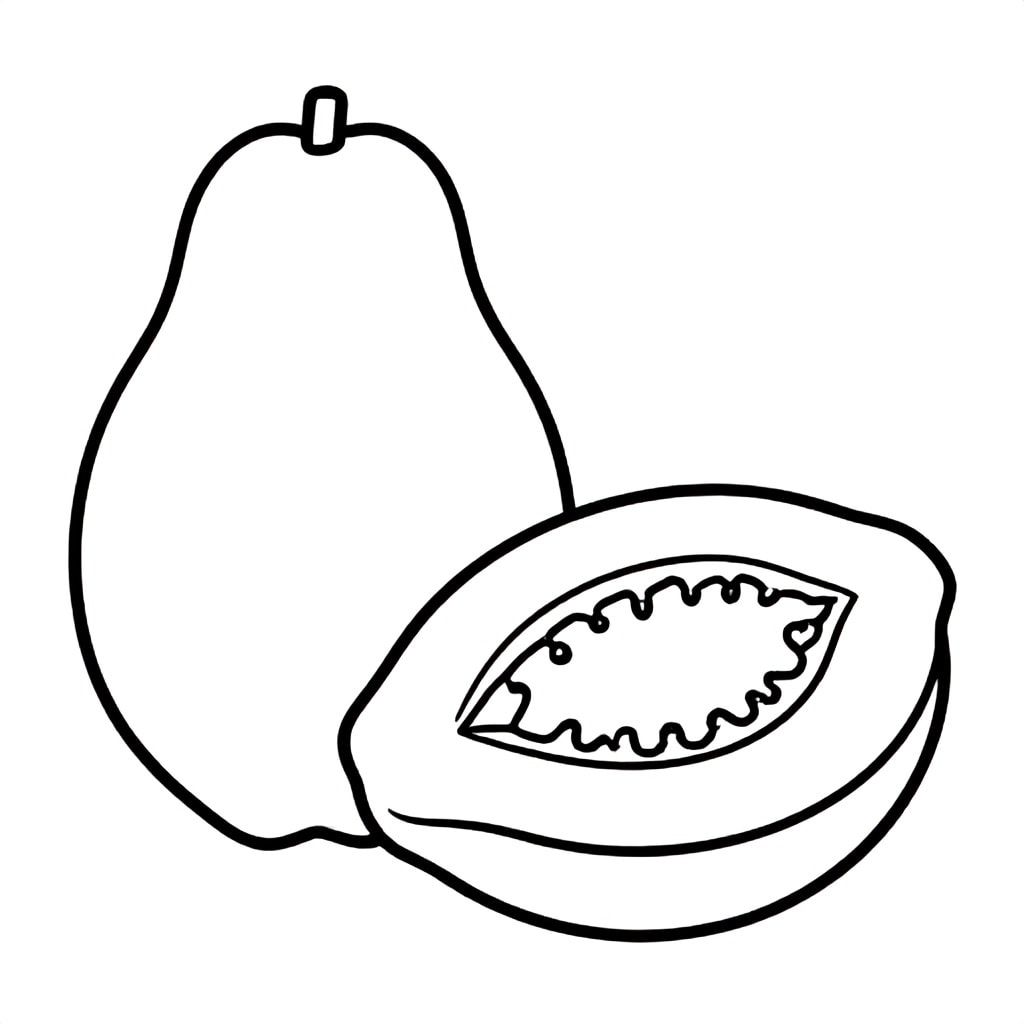 Realistic Minimalist Papaya for kids aged 3 to 6 years, thick black outlines, simple large shapes, plain white background, easy to color, no text, centered, kid-friendly illustration