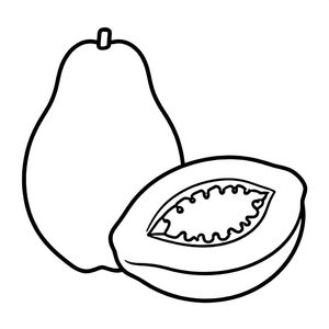 Realistic Minimalist Papaya for kids aged 3 to 6 years, thick black outlines, simple large shapes, plain white background, easy to color, no text, centered, kid-friendly illustration