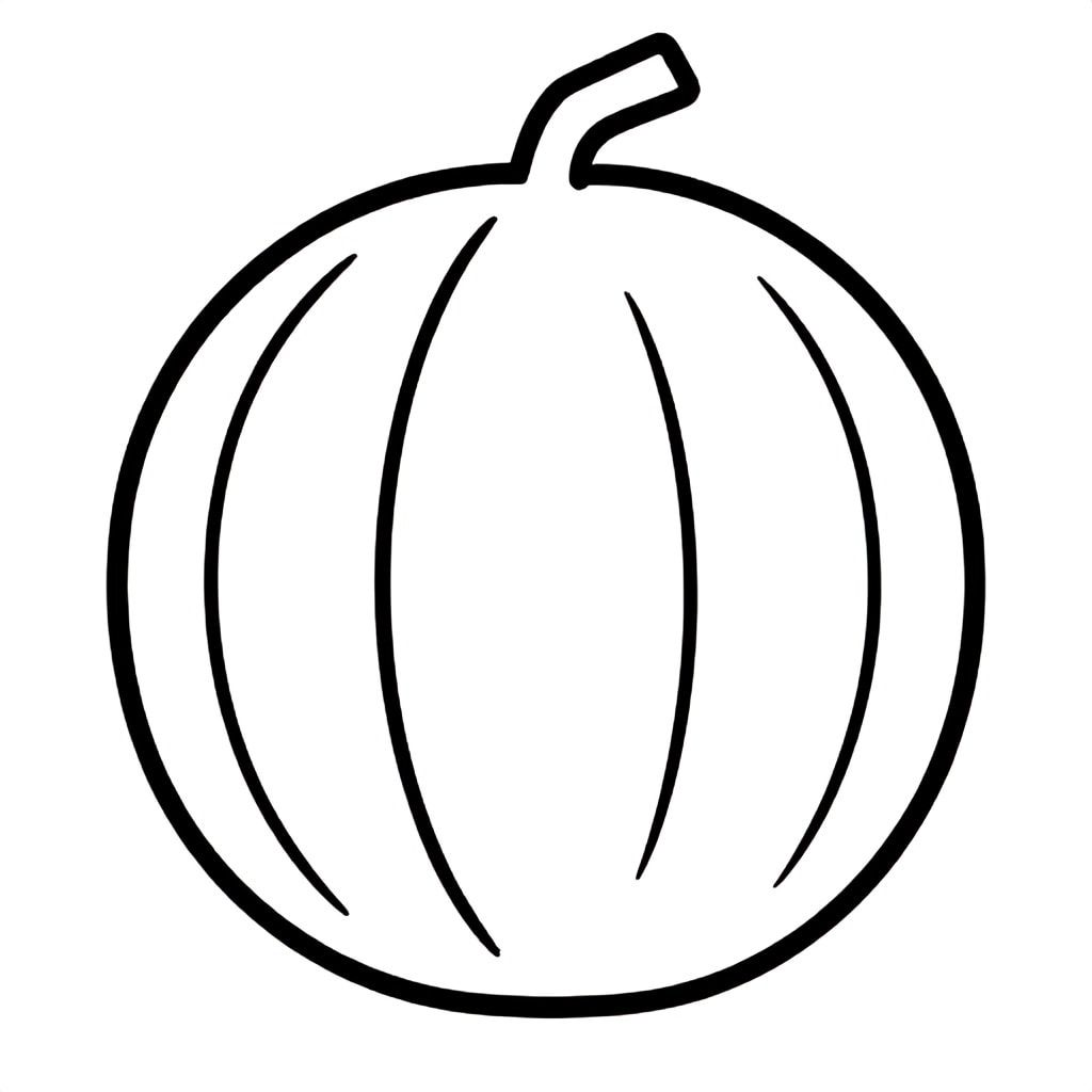 Realistic Minimalist Cantaloupe fruit for kids aged 3 to 6 years, thick black outlines, simple large shapes, plain white background, easy to color, no text, centered, kid-friendly illustration