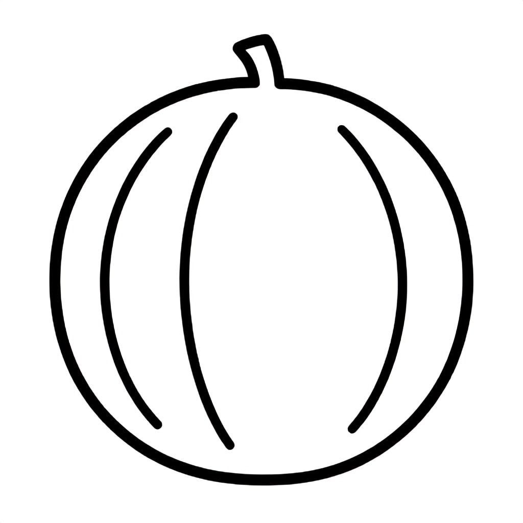 Simple Minimalist Cantaloupe fruit for kids aged 3 to 6 years, thick black outlines, large simple shapes, plain white background, centered on the page, easy to color, no text, no shading, kid-friendly illustration
