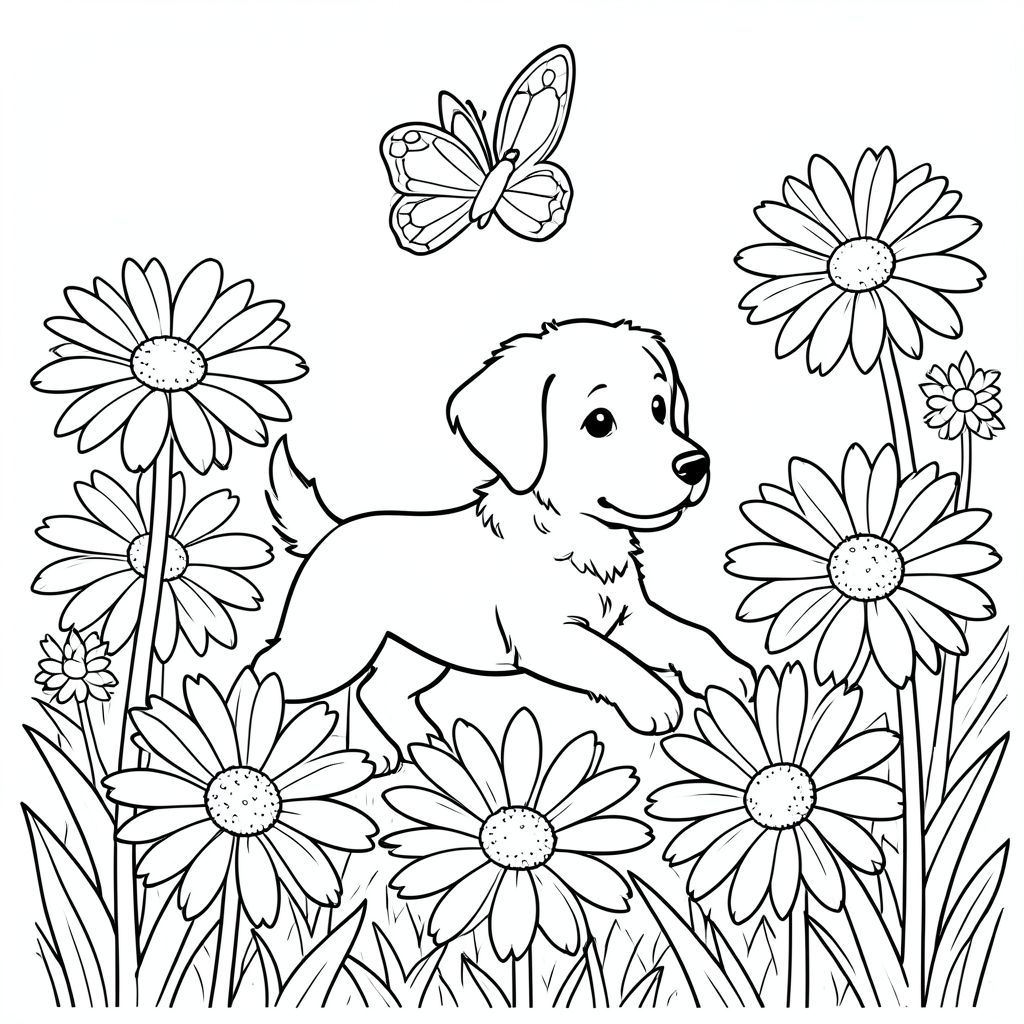 A playful puppy chasing a butterfly through a field of oversized daisies