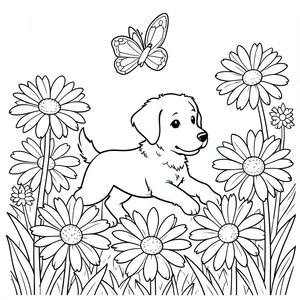 A playful puppy chasing a butterfly through a field of oversized daisies