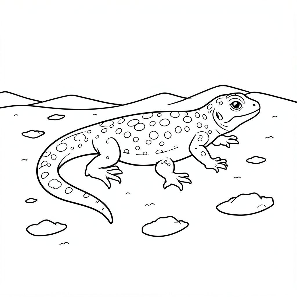 Một con thằn lằn có đốm trong sa mạc với một loạt các lỗ được đào trên cát