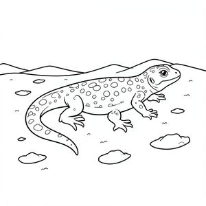 Một con thằn lằn có đốm trong sa mạc với một loạt các lỗ được đào trên cát