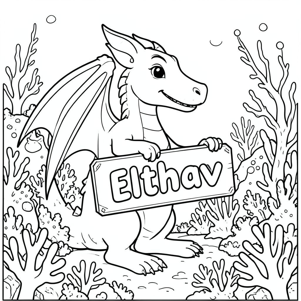 A profile view of a friendly dragon, holding a sign with "Elthav" written in white bubble letters, in profile, in a underwater coral reef kingdom, surrealist style