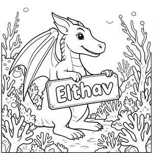 A profile view of a friendly dragon, holding a sign with "Elthav" written in white bubble letters, in profile, in a underwater coral reef kingdom, surrealist style