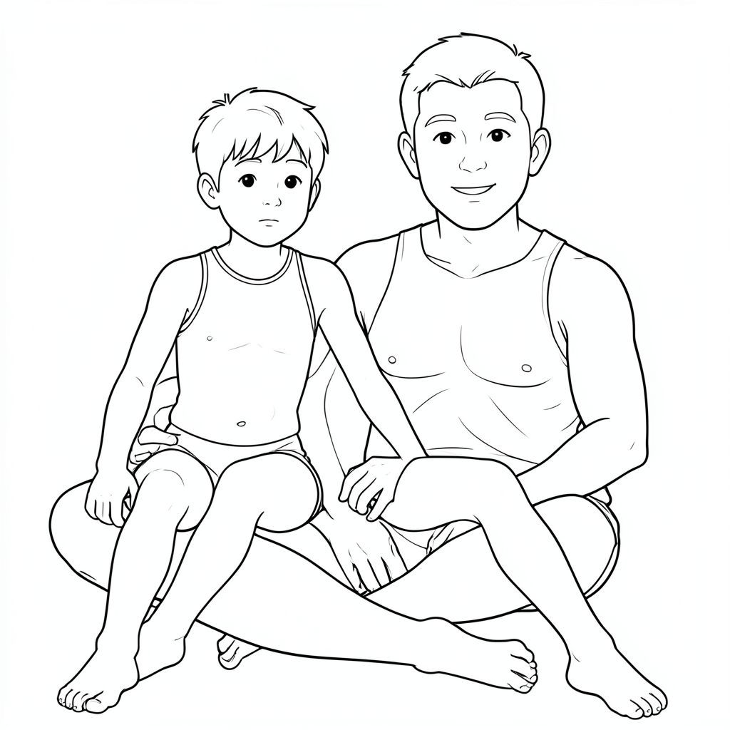 a boy sitting on his dad's lap spreading his legs apart. dad: wearing a white jockstrap and shirtless. boy: wearing a thin, stretched taut, translucent white speedo. (penis:1.6) bulge in his groin area, the fabric shadows show the contours of his cock shaftshape and size.