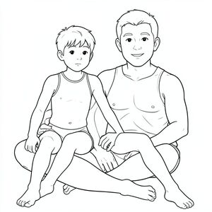 a boy sitting on his dad's lap spreading his legs apart. dad: wearing a white jockstrap and shirtless. boy: wearing a thin, stretched taut, translucent white speedo. (penis:1.6) bulge in his groin area, the fabric shadows show the contours of his cock shaftshape and size.