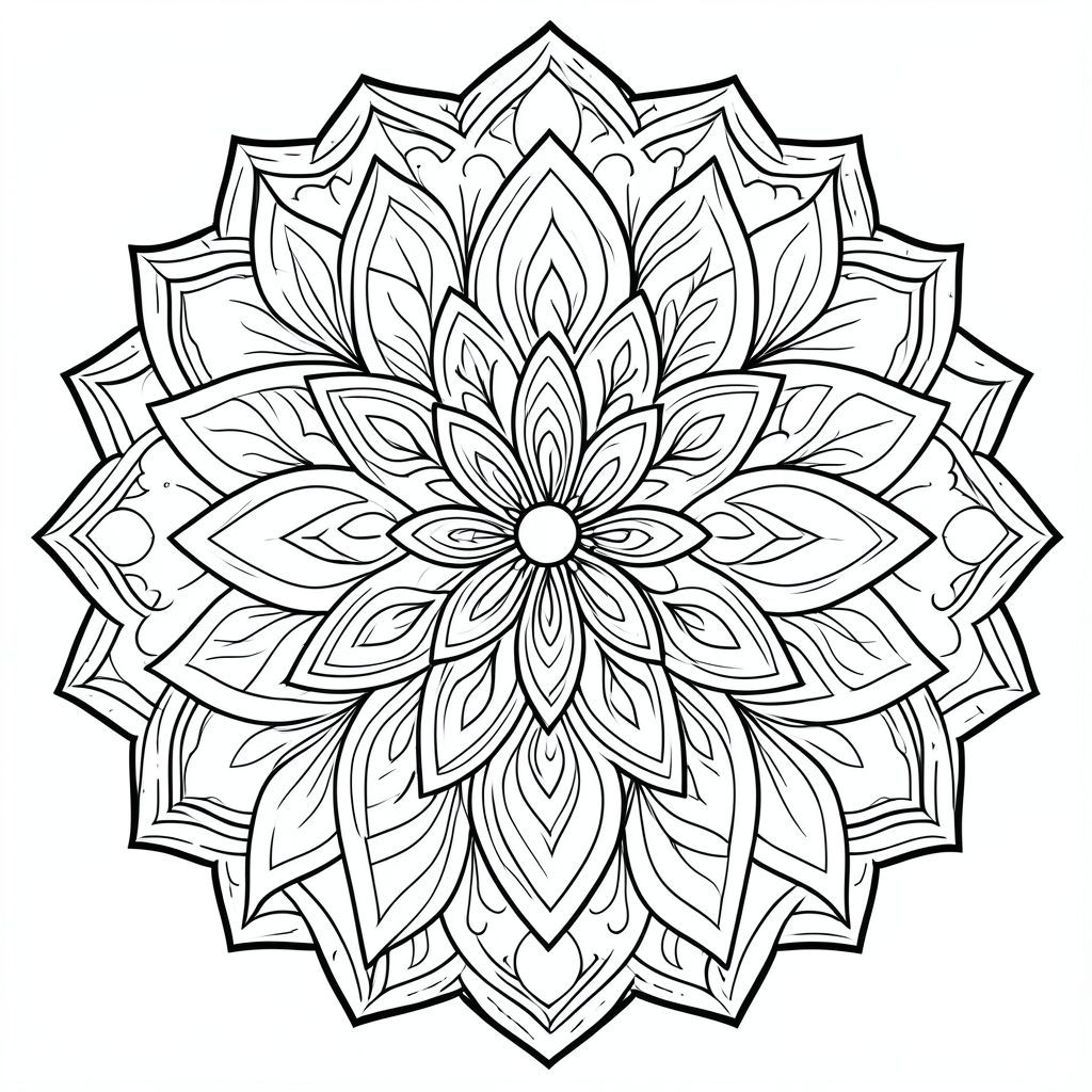 “Intricate mandala coloring page, black and white, symmetrical floral patterns, clean bold outlines, no shading, printable vector style”