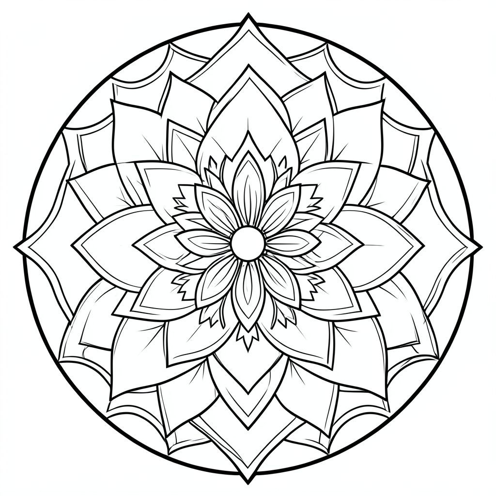 Detailed lotus mandala, sacred geometry design, circular symmetry, thick outlines, adult coloring book page, white background”