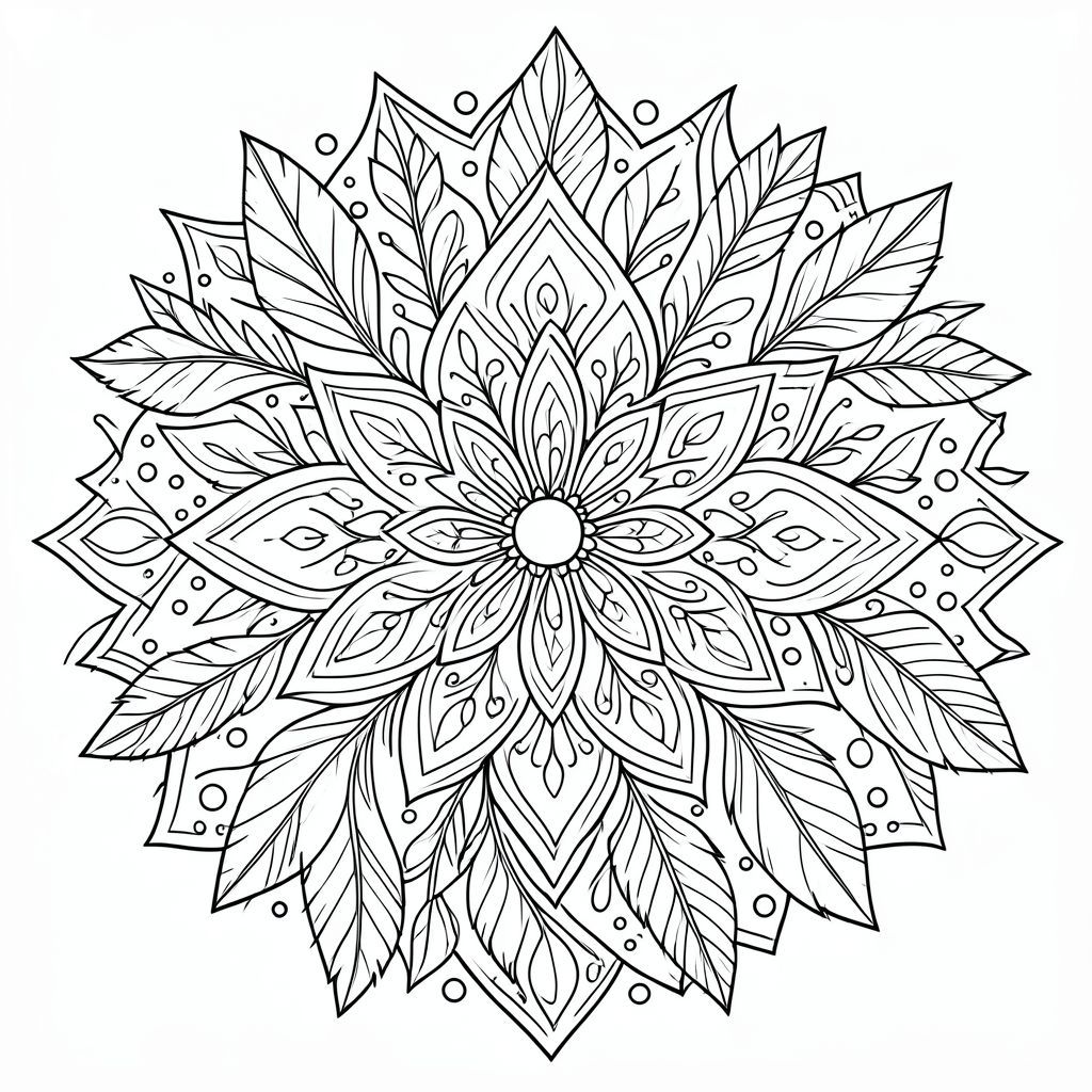 Boho mandala with feathers, leaves, and dots, highly detailed line art, black and white, coloring book style”