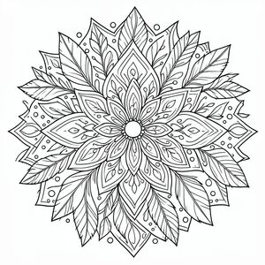 Boho mandala with feathers, leaves, and dots, highly detailed line art, black and white, coloring book style”