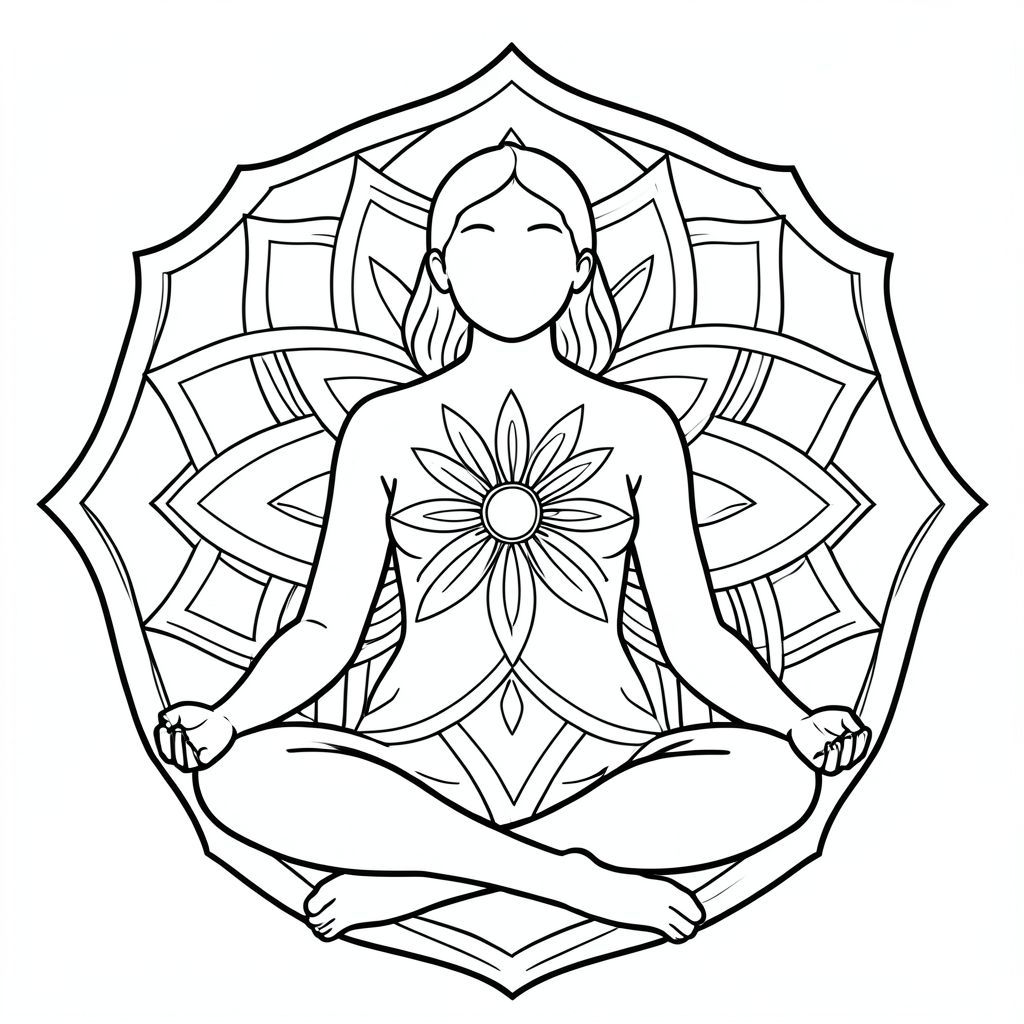 Zen meditation mandala, calm balanced geometry, minimal shading, bold outlines, printable coloring page”
