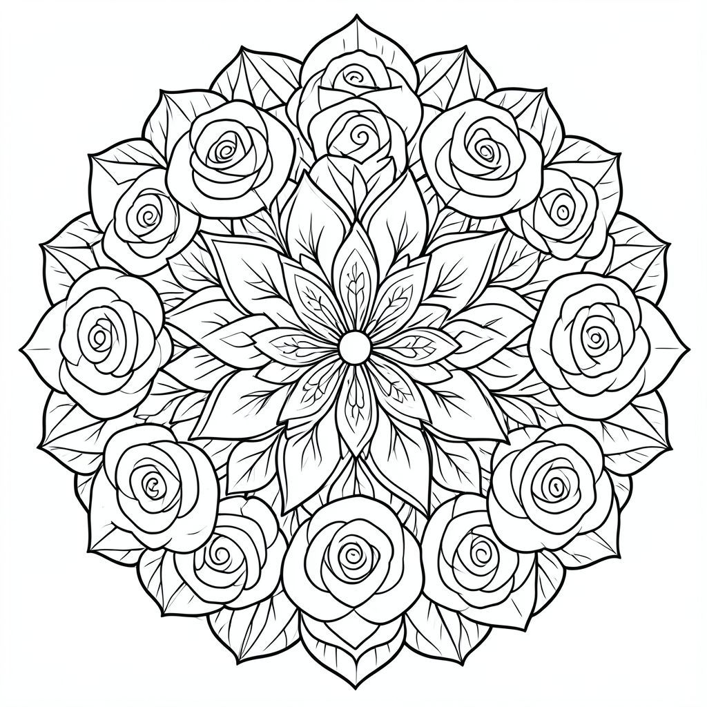 Complex floral mandala with roses and petals, layered symmetry, black and white line drawing, adult coloring sheet