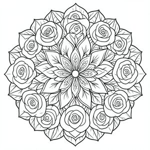 Complex floral mandala with roses and petals, layered symmetry, black and white line drawing, adult coloring sheet