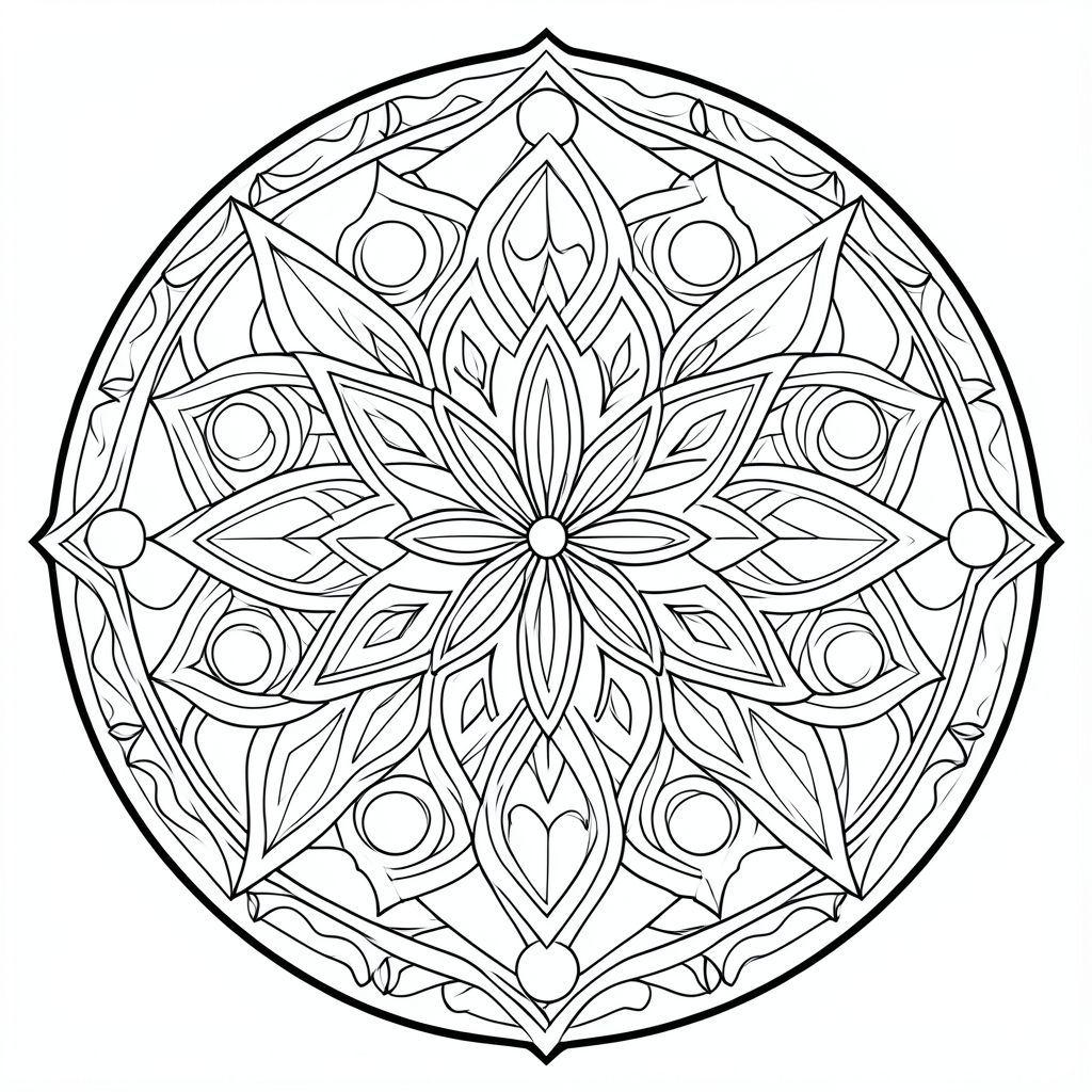Sacred geometry mandala, star and circle patterns, highly detailed, crisp black outlines, coloring page style”