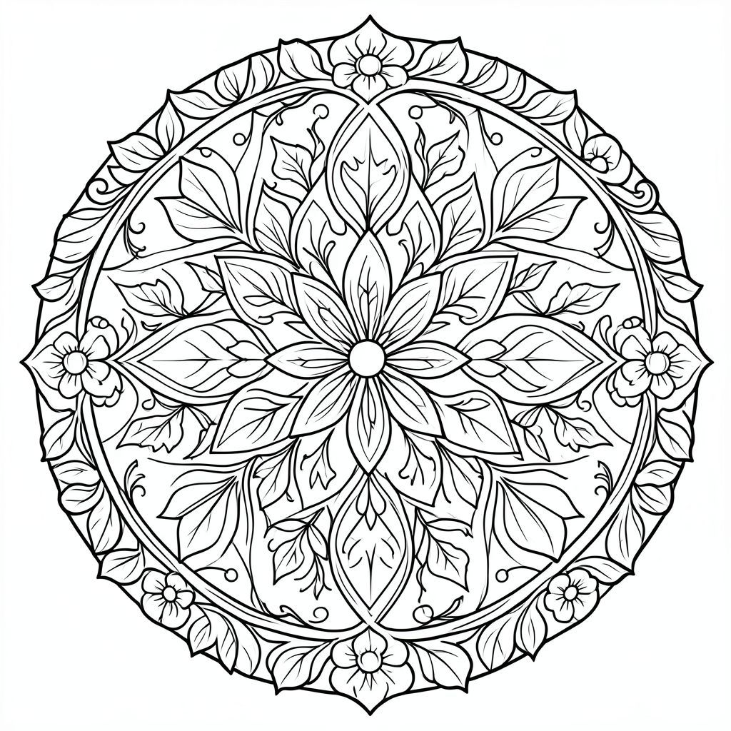Mandala inspired by nature, vines, leaves, flowers, symmetrical circular design, bold line art”