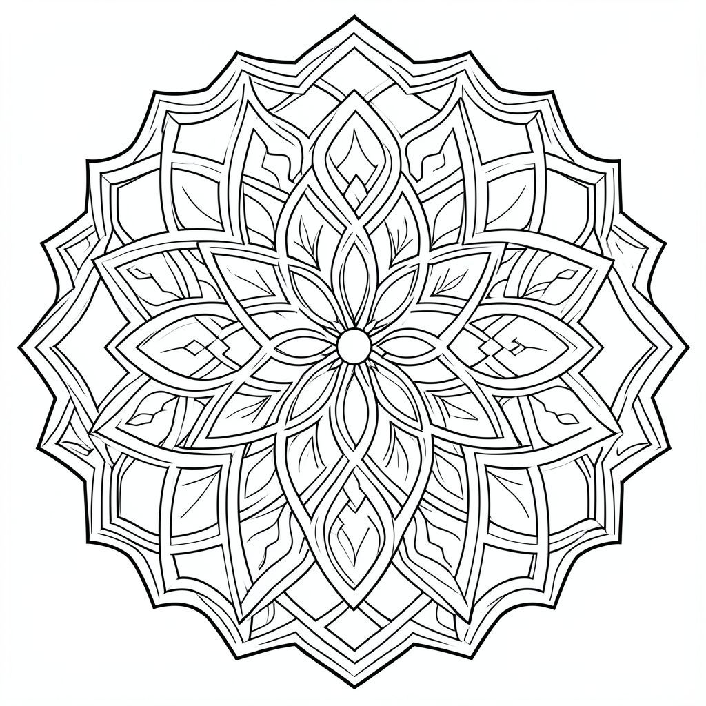 Elegant Islamic geometric mandala, intricate pattern repetition, clean black outlines, no color, coloring page
