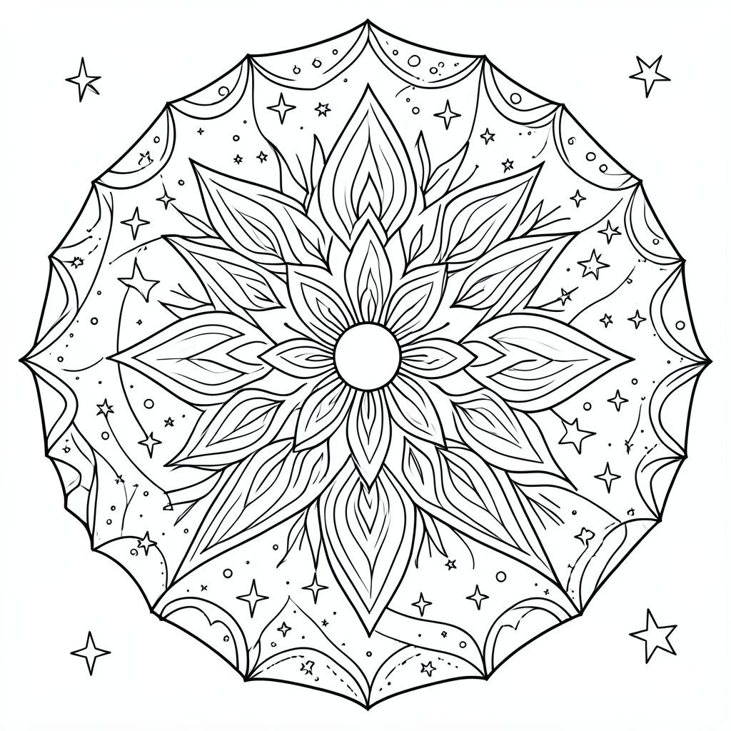 Sun and moon mandala design, celestial theme, stars and cosmic patterns, black and white coloring sheet”