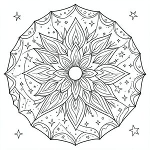 Sun and moon mandala design, celestial theme, stars and cosmic patterns, black and white coloring sheet”