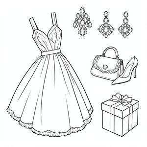 Bold and easy monoline coloring page, cute feminine date outfit fashion flat lay for a dream date finale, featuring a showstopping elegant dress as the main item, a matching pair of statement heels, a sculptural luxury mini bag, a matching pair of glamorous earrings, and a beautifully wrapped gift box, arranged in an especially inventive and fashion-editorial composition. This final page should feel extra special, polished, and visually unforgettable. Change the viewing angles noticeably so it feels clearly different from previous pages. Do not place the objects in one stiff straight line, and do not repeat the same clothing angle as before. Show the dress from a fresh rotated flat-lay perspective with a dramatic and graceful silhouette, place the luxury bag at another elegant orientation, tilt the two heels at complementary but different angles, angle the two earrings differently while keeping them a clear matching pair, and place the gift box in its own distinct direction so the whole page feels balanced,  luxurious, dreamy, and finale-worthy.

Critical layout rule: every object must be completely separate from every other object. No overlapping, no touching, no stacking, no crossing, and no partially covering another item in any way. Each clothing item and accessory must stand alone with clear visible white space around it on all sides, so every object is easy to see and easy to color individually. The objects should be drawn slightly oversized, large, and easy to see, so there is plenty of open space for coloring inside each object. Very important: any paired accessory must be shown as a complete pair, never as a single item. Shoes must appear as two shoes, earrings must appear as two earrings, and any other paired fashion item must always be fully included as a pair. Do not show only one shoe or one earring. Focus only on the main fashion items.

Make the accessories and garment details feel exceptionally beautiful, elegant, and highly original, with refined shape language integrated directly into the pieces, such as jewel-frame panel sections, ribbon-drape seam bands, scalloped couture hems, shell-fan contour layers, chandelier-inspired medallion trims, ornamental clasp motifs, folded satin-wave details, boutique gift-wrap geometry, curved crystal-like border accents, and graceful luxury-fashion ornament forms. Avoid overly dense patterns, repetitive simple hearts, and ordinary flowers. The details should feel feminine, refined, glamorous, and visually fresh while still remaining simple enough for a bold and easy coloring page.

Very important: true monoline style only. Every object must be drawn using one single consistent line weight from start to finish, with no thin lines mixed with thick lines, no double outlines, no sketch lines, no extra fine strokes, no tiny details, and no varied stroke thickness anywhere. Use one bold, thick, clean, highly visible uniform stroke for everything in the image. The line must feel strong, chunky, and unmistakably monoline, suitable for a true bold and easy coloring book page. Leave wide open spaces inside every item for easy coloring. Keep all shapes simple, rounded, clear, readable, and slightly oversized, with minimal but imaginative interior detail. Pure black and white line art only, with black outlines and a white background only. No shading, no grayscale, no hatching, no realistic texture, no background clutter, no floating filler icons, and absolutely no solid black filled areas anywhere in the image. Do not fill in any region with black. The image must contain only line art and white empty spaces, 1:1 aspect ratio.