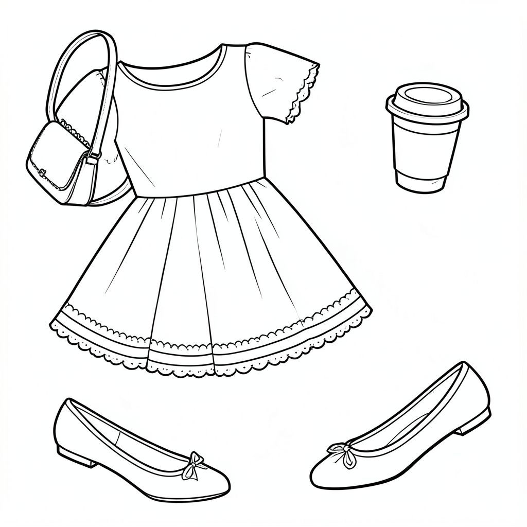 Tranh tô màu đơn dòng táo bạo và dễ dàng, trang phục hẹn hò nữ tính dễ thương cho buổi hẹn hò cà phê, có một chiếc váy ống loe ngắn tay quyến rũ làm món đồ chính, một đôi giày ba lê đơn giản phù hợp, một chiếc túi đeo chéo có cấu trúc nhỏ và một tách cà phê mang đi, được sắp xếp theo một bố cục biên tập thời trang và sáng tạo đặc biệt. Thay đổi góc nhìn đáng kể để trang này tạo cảm giác phong cách, tươi mới và bóng bẩy về mặt hình ảnh. Không đặt các đồ vật theo một đường thẳng cứng và không để quần áo ở một góc phẳng lặp đi lặp lại. Khoe chiếc váy từ một góc phẳng xoay mới với một chiếc váy xòe duyên dáng, đặt túi đeo chéo ở một hướng khác, nghiêng hai đôi ba lê ở các góc bổ sung nhưng khác nhau và nghiêng tách cà phê riêng biệt để toàn bộ trang cảm thấy ấm cúng, cân bằng, thời trang và mới mẻ về mặt hình ảnh. 

Quy tắc bố cục quan trọng: mọi đối tượng phải hoàn toàn tách biệt với mọi đối tượng khác. Không chồng chéo, không chạm, không xếp chồng lên nhau, không giao nhau và không che một phần vật dụng khác theo bất kỳ cách nào. Mỗi mặt hàng quần áo và phụ kiện phải đứng riêng với khoảng trắng rõ ràng có thể nhìn thấy xung quanh nó ở tất cả các phía, vì vậy mọi đối tượng đều dễ nhìn và dễ tô màu riêng lẻ. Các đối tượng nên được vẽ hơi quá khổ, lớn và dễ nhìn, vì vậy có nhiều không gian mở để tô màu bên trong mỗi đối tượng. Rất quan trọng: bất kỳ phụ kiện ghép nối nào cũng phải được hiển thị dưới dạng một cặp hoàn chỉnh, không bao giờ là một món đồ duy nhất. Giày phải xuất hiện dưới dạng hai đôi giày, hoa tai phải xuất hiện dưới dạng hai bông tai và bất kỳ món đồ thời trang ghép đôi nào khác phải luôn được bao gồm đầy đủ dưới dạng một cặp. Không chỉ hiển thị một đôi giày hoặc một bông tai. Chỉ tập trung vào các mặt hàng thời trang chính. 

Làm cho các phụ kiện và chi tiết may mặc trở nên bóng bẩy, ngọt ngào và rất độc đáo, với ngôn ngữ hình dạng đẹp mắt được tích hợp trực tiếp vào các sản phẩm, chẳng hạn như dây trang trí lấy cảm hứng từ mái hiên quán cà phê, họa tiết tay áo cúp cong, phần viền vỏ sò, chi tiết đường may ruy băng, điểm nhấn cổ tay áo đường viền vỏ, hình dạng móc cài tròn, đường viền hình học kiểu hộp bánh ngọt, hình thức trang trí lấy cảm hứng từ nhãn hiệu cửa hàng và các chi tiết thời trang quán cà phê duyên dáng. Tránh hoa văn quá dày đặc, trái tim đơn giản lặp đi lặp lại và hoa bình thường. Các chi tiết phải mang lại cảm giác nữ tính, tinh tế, ấm cúng và tươi mới về mặt hình ảnh trong khi vẫn đủ đơn giản để tô màu táo bạo và dễ dàng. 

Rất quan trọng: chỉ phong cách đơn tuyến thực sự. Mọi đối tượng phải được vẽ bằng cách sử dụng một đường thẳng nhất quán duy nhất từ đầu đến cuối, không có đường mảnh trộn với đường dày, không có đường viền kép, không có đường phác thảo, không có nét viền thêm, không có chi tiết nhỏ và không có độ dày nét vẽ khác nhau ở bất cứ đâu. Sử dụng một nét đồng nhất đậm, dày, sạch, dễ nhìn thấy cho mọi thứ trong hình ảnh. Đường nét phải tạo cảm giác chắc chắn, dày và không thể nhầm lẫn, phù hợp với một trang sách tô màu táo bạo và dễ dàng. Để lại khoảng trống rộng bên trong mọi mục để dễ tô màu. Giữ cho tất cả các hình dạng đơn giản, tròn, rõ ràng, dễ đọc và hơi quá khổ, với chi tiết nội thất tối thiểu nhưng giàu trí tưởng tượng. Chỉ nghệ thuật đường nét đen trắng thuần túy, với đường viền đen và chỉ nền trắng. Không đổ bóng, không thang độ xám, không nở, không có kết cấu thực tế, không lộn xộn nền, không có biểu tượng phụ nổi và hoàn toàn không có vùng màu đen đặc ở bất kỳ đâu trong hình ảnh. Không tô màu đen vào bất kỳ vùng nào. Hình ảnh chỉ được chứa nghệ thuật đường nét và khoảng trống màu trắng, tỷ lệ khung hình 1: 1.