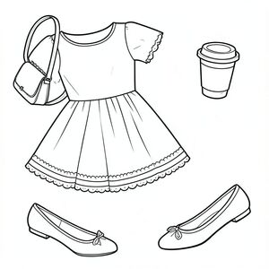 Bold and easy monoline coloring page, cute feminine date outfit fashion flat lay for a coffee date, featuring a charming short-sleeve flared dress as the main item, a matching pair of simple ballet flats, a small structured crossbody bag, and a takeaway coffee cup, arranged in an especially inventive and fashion-editorial composition. Change the viewing angles noticeably so this page feels stylish, fresh, and visually polished. Do not place the objects in one stiff straight line, and do not keep the clothing at a flat repetitive angle. Show the dress from a fresh rotated flat-lay perspective with a graceful spread, place the crossbody bag at another orientation, tilt the two ballet flats at complementary but different angles, and angle the coffee cup separately so the whole page feels cozy, balanced, fashionable, and visually new.

Critical layout rule: every object must be completely separate from every other object. No overlapping, no touching, no stacking, no crossing, and no partially covering another item in any way. Each clothing item and accessory must stand alone with clear visible white space around it on all sides, so every object is easy to see and easy to color individually. The objects should be drawn slightly oversized, large, and easy to see, so there is plenty of open space for coloring inside each object. Very important: any paired accessory must be shown as a complete pair, never as a single item. Shoes must appear as two shoes, earrings must appear as two earrings, and any other paired fashion item must always be fully included as a pair. Do not show only one shoe or one earring. Focus only on the main fashion items.

Make the accessories and garment details feel polished, sweet, and highly original, with beautiful shape language integrated directly into the pieces, such as café-awning inspired trim bands, curved cup-sleeve motifs, scalloped hem sections, ribbon-tab seam details, shell-contour cuff accents, rounded clasp shapes, pastry-box style geometric borders, boutique label-inspired ornament forms, and graceful coffeehouse fashion details. Avoid overly dense patterns, repetitive simple hearts, and ordinary flowers. The details should feel feminine, refined, cozy, and visually fresh while still remaining simple enough for a bold and easy coloring page.

Very important: true monoline style only. Every object must be drawn using one single consistent line weight from start to finish, with no thin lines mixed with thick lines, no double outlines, no sketch lines, no extra fine strokes, no tiny details, and no varied stroke thickness anywhere. Use one bold, thick, clean, highly visible uniform stroke for everything in the image. The line must feel strong, chunky, and unmistakably monoline, suitable for a true bold and easy coloring book page. Leave wide open spaces inside every item for easy coloring. Keep all shapes simple, rounded, clear, readable, and slightly oversized, with minimal but imaginative interior detail. Pure black and white line art only, with black outlines and a white background only. No shading, no grayscale, no hatching, no realistic texture, no background clutter, no floating filler icons, and absolutely no solid black filled areas anywhere in the image. Do not fill in any region with black. The image must contain only line art and white empty spaces, 1:1 aspect ratio.