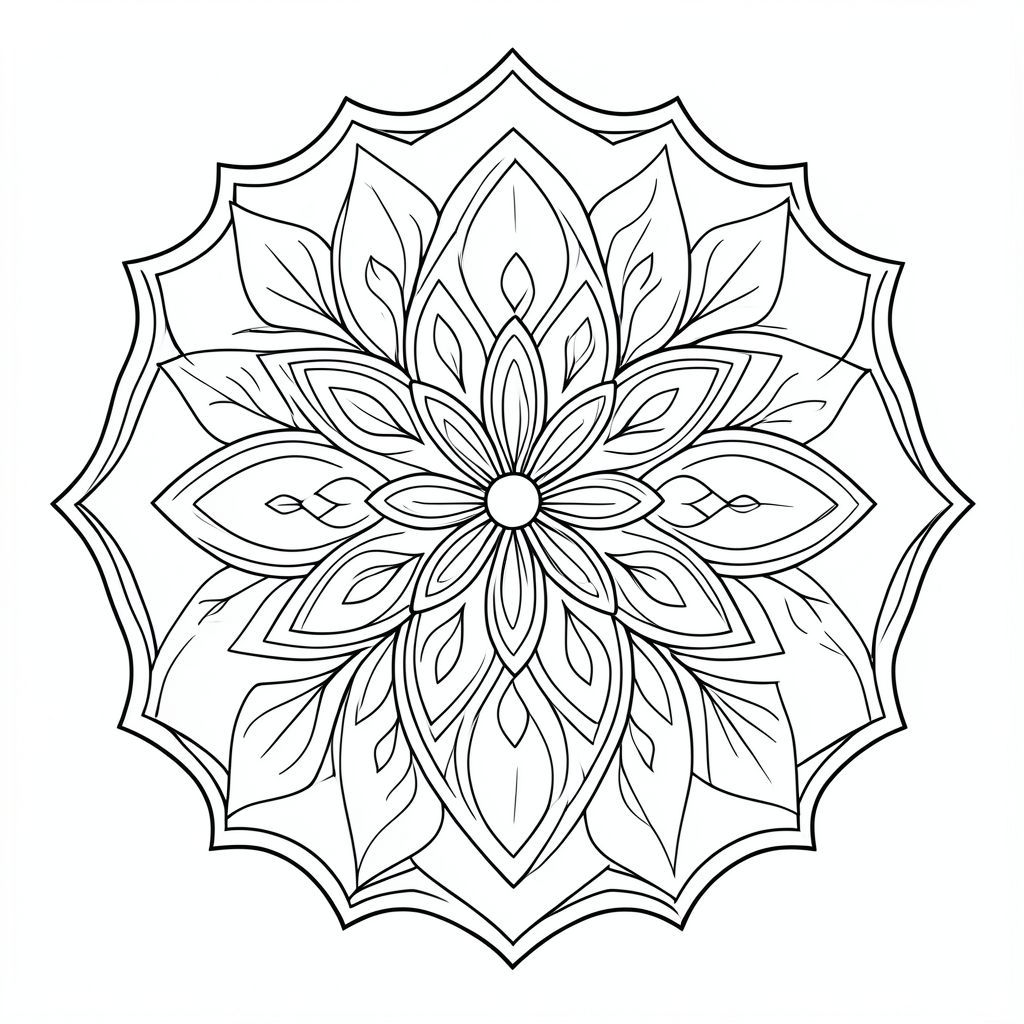 Minimalist mandala with fine line details, simple symmetrical design, relaxing adult coloring page