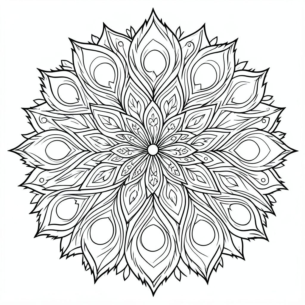 Highly detailed peacock feather mandala, ornamental symmetry, bold outlines, printable coloring book page”