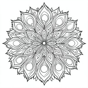 Highly detailed peacock feather mandala, ornamental symmetry, bold outlines, printable coloring book page”