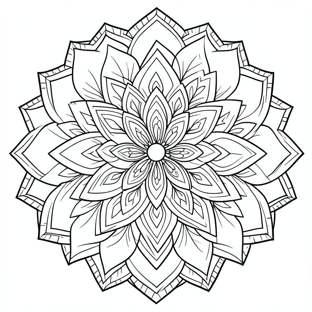 Floral and geometric fusion mandala, layered petals and patterns, crisp ink line art, no shading”