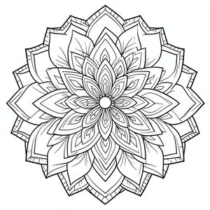 Floral and geometric fusion mandala, layered petals and patterns, crisp ink line art, no shading”