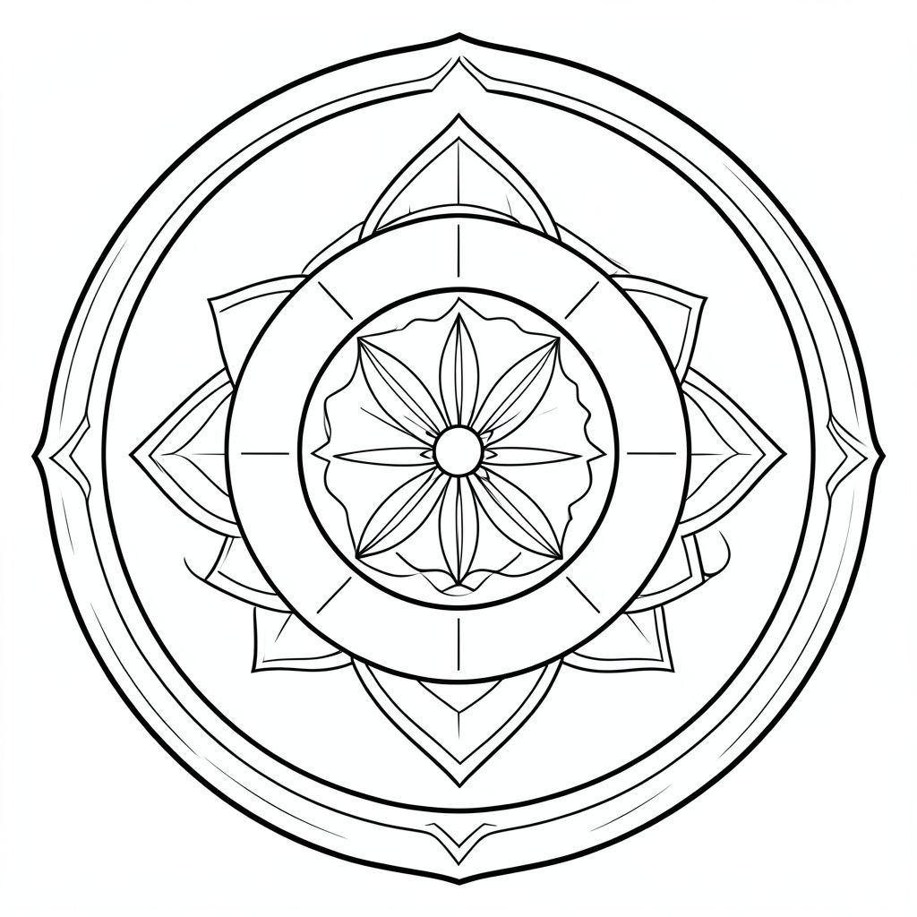 Spiritual chakra mandala, seven-layer circular design, sacred geometry, clean coloring page outline”