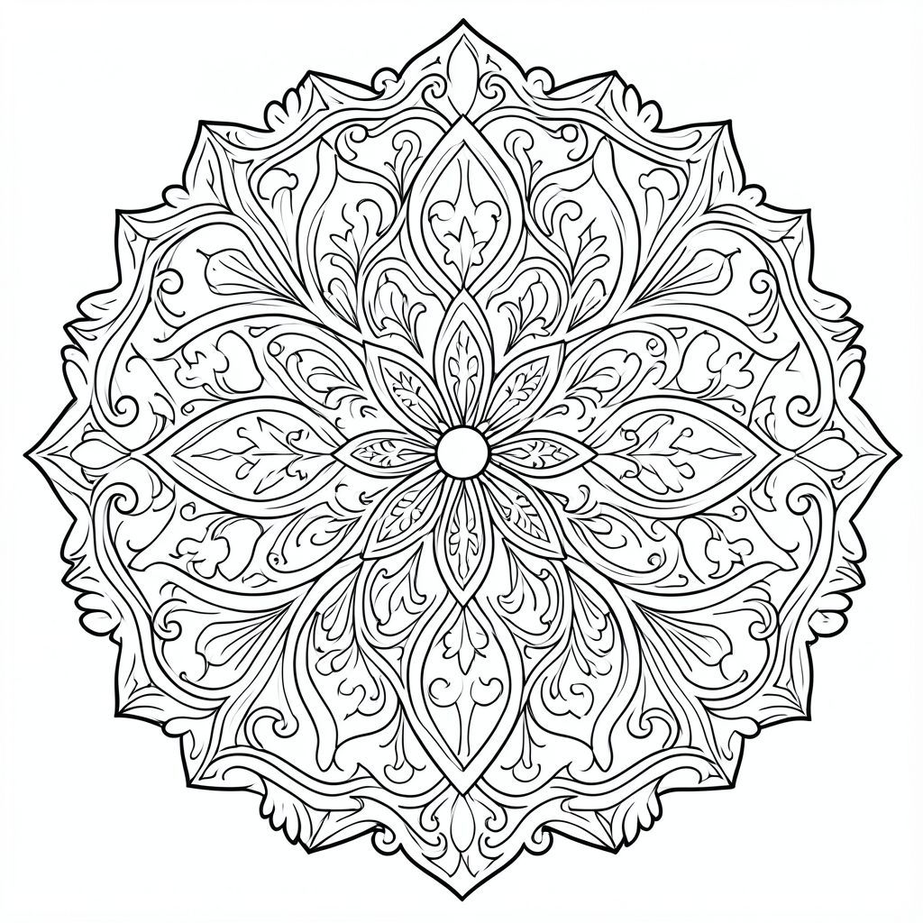 Vintage ornamental mandala, baroque-inspired detailing, black and white vector style coloring sheet”


