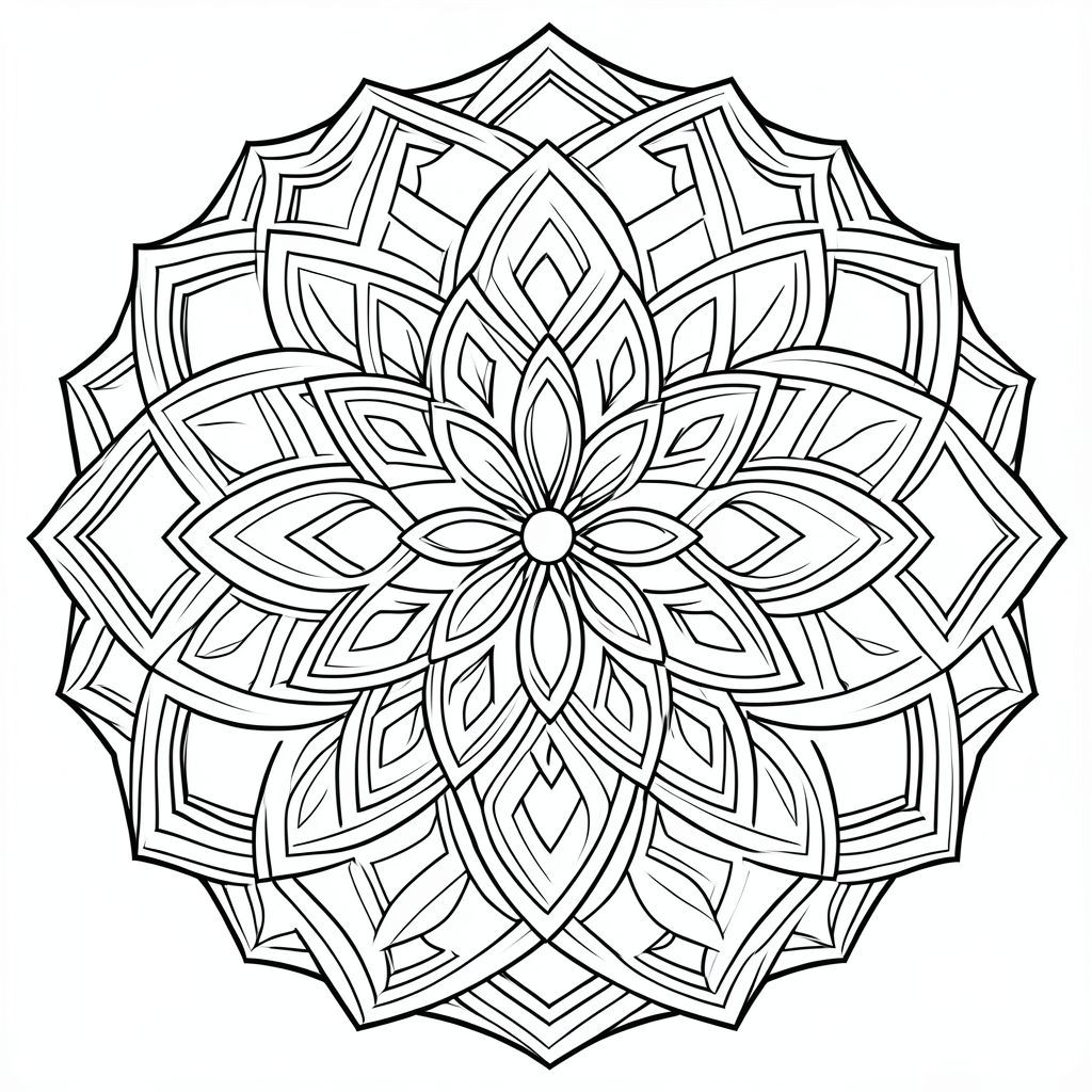 Abstract mandala pattern with repeating geometric shapes, intricate symmetry, bold outlines”
