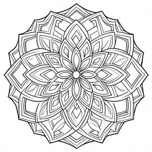 Abstract mandala pattern with repeating geometric shapes, intricate symmetry, bold outlines”