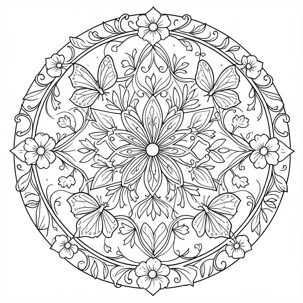 Nature mandala with butterflies, flowers, and vines, circular symmetry, coloring book style”