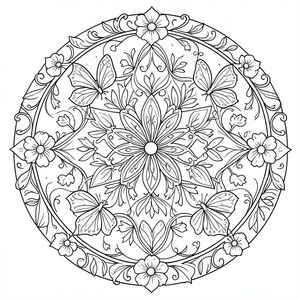 Nature mandala with butterflies, flowers, and vines, circular symmetry, coloring book style”
