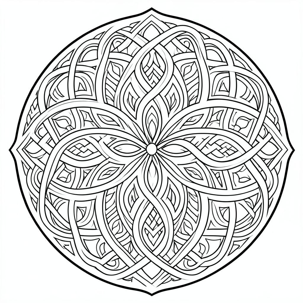 Celtic-inspired mandala knotwork design, highly detailed interwoven patterns, black and white line art”