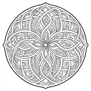 Celtic-inspired mandala knotwork design, highly detailed interwoven patterns, black and white line art”