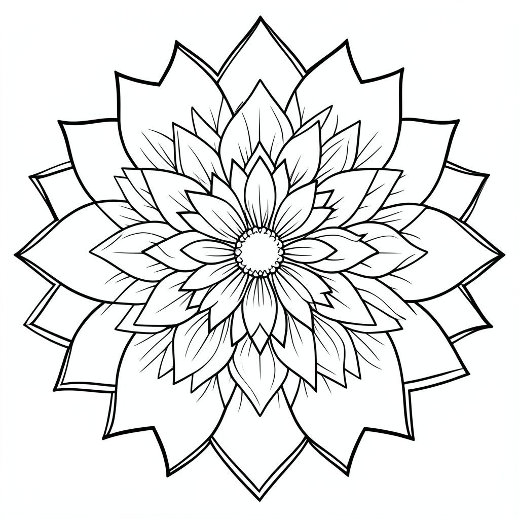 Mandala with mandala petals shaped like lotus and sunflower fusion, detailed coloring page”