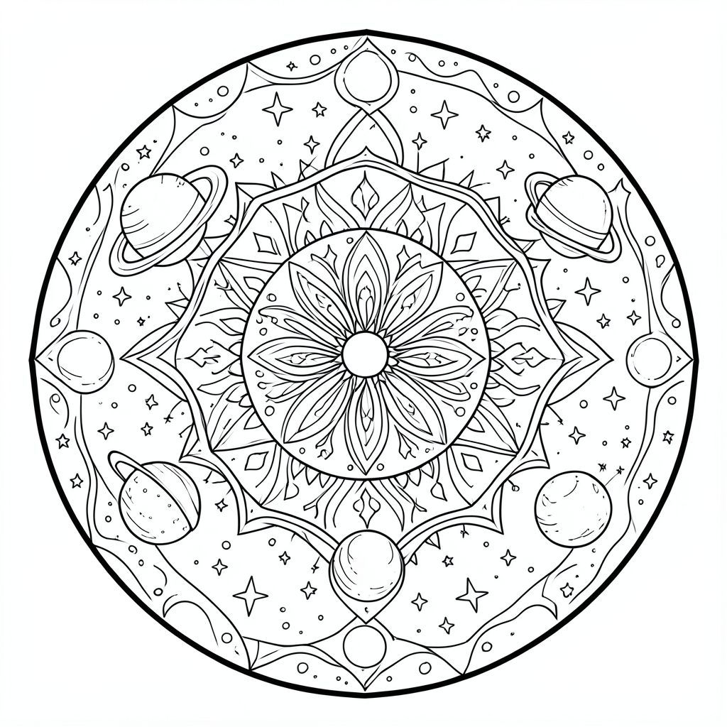 Cosmic galaxy mandala, stars, planets, circular symmetry, detailed line art, coloring sheet”