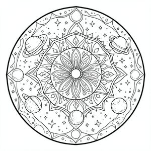 Cosmic galaxy mandala, stars, planets, circular symmetry, detailed line art, coloring sheet”